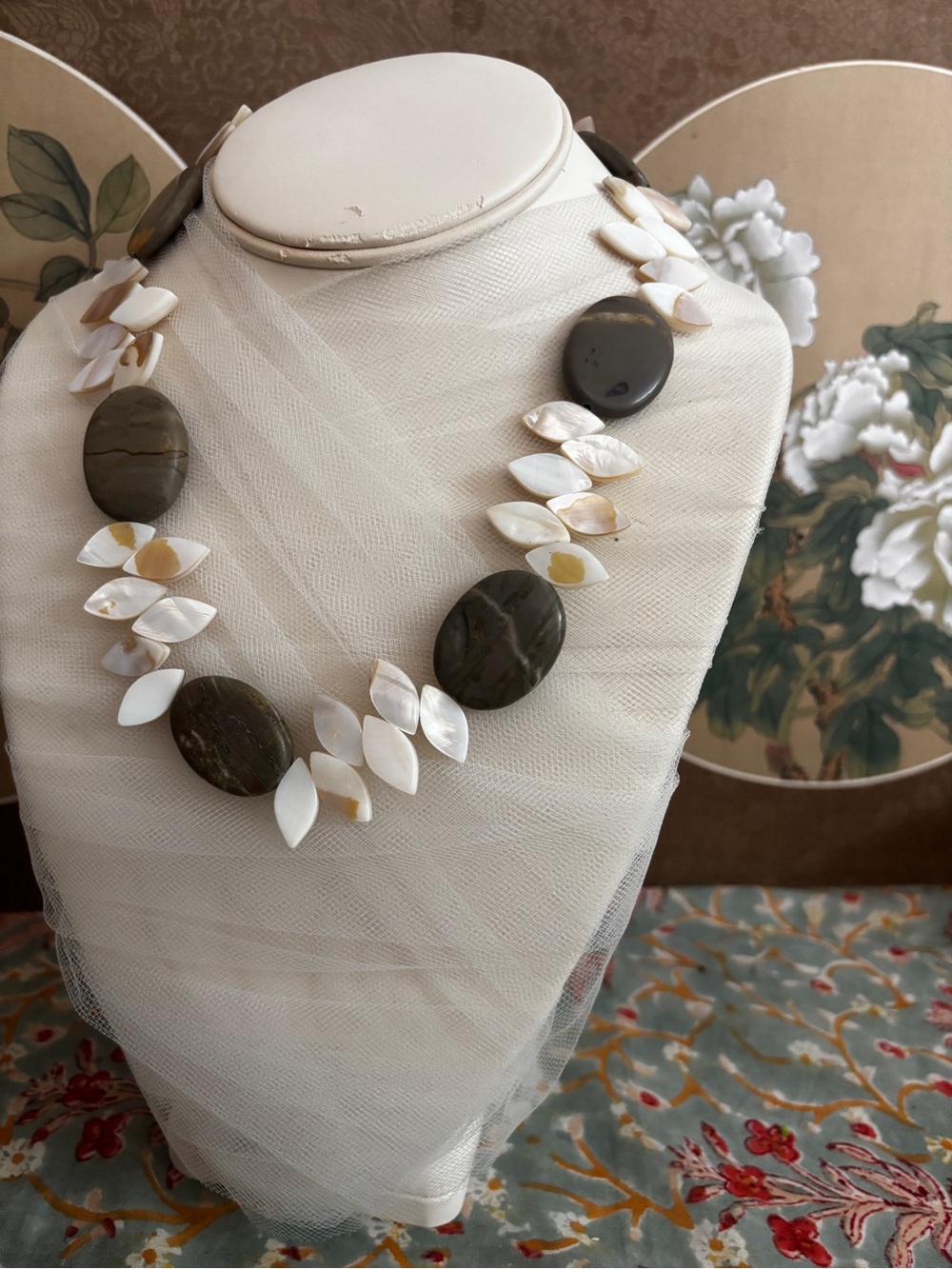 Mother of Pearl and Sage Stone Pendant Necklace